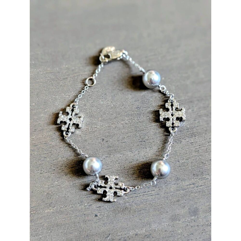 TORY BURCH Kira Pave Logo Delicate Pearl Silver Bracelet